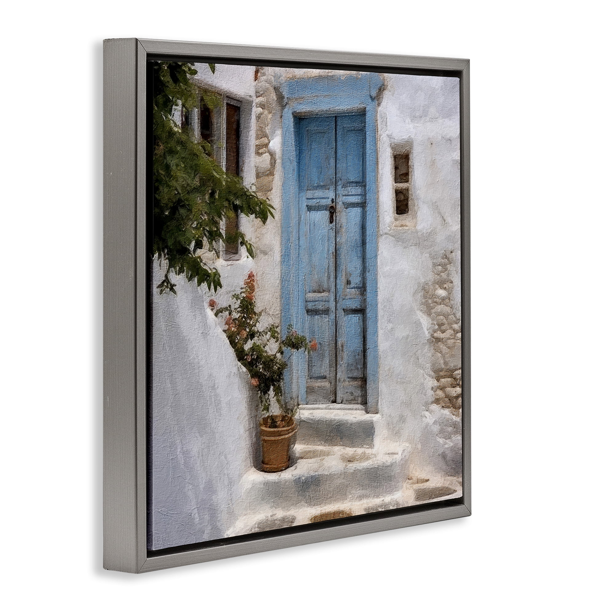 Stupell Industries Blue Greek Door Town & City Painting Gray Floater Framed Canvas Art Print Wall Art, 18 x 18