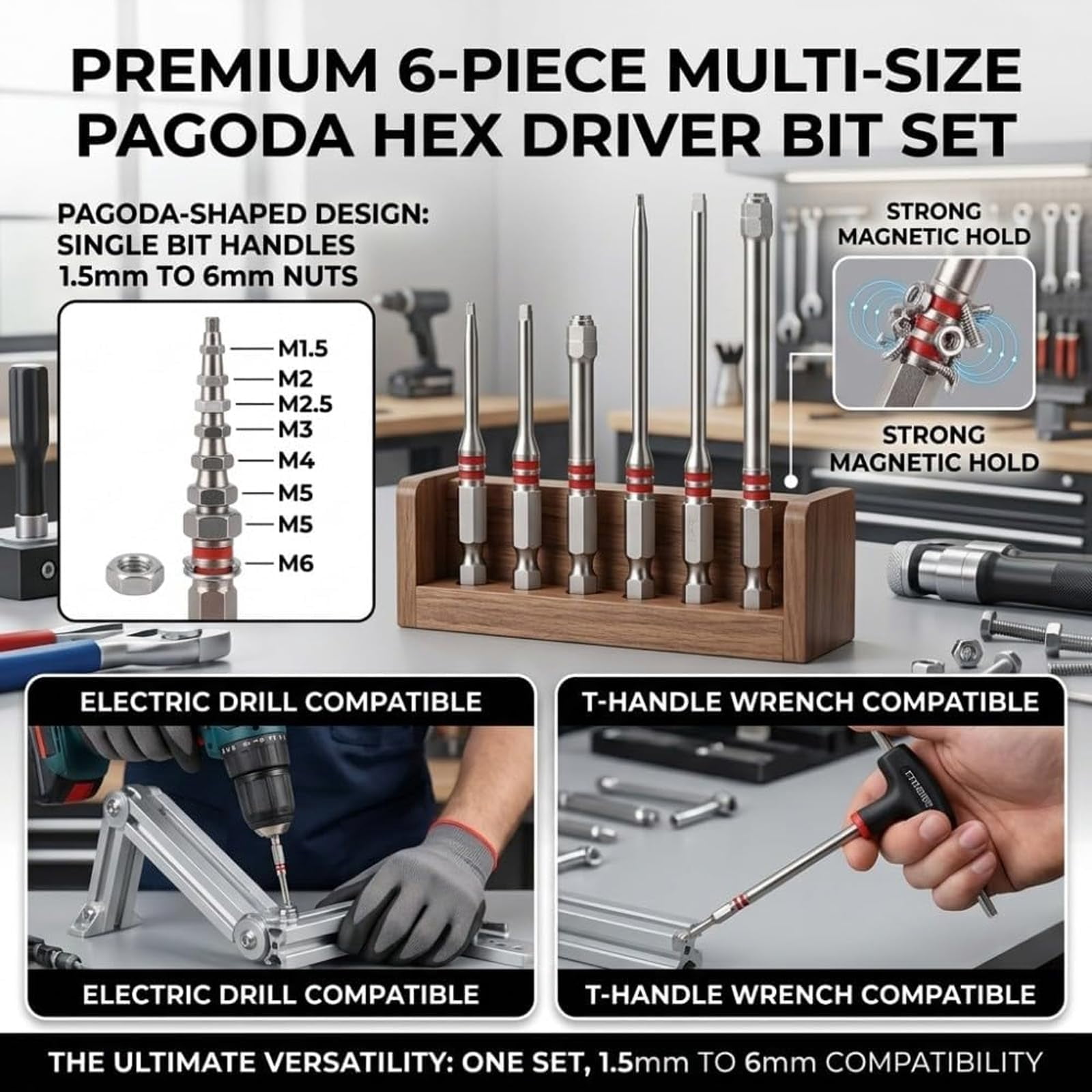 Pagoda Hex Screwdriver Bit Set, Magnetic Pagoda Hex Bits, 6-Piece Pagoda-Shaped Drill Bit Set, High-Magnetic Screwdriver Drill Bit Set for Electric Drill Wrench DIY Repair