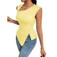 thumbnail image 3 of Womens Asymmetric Neck Slim Fit Cropped Solid Color Tshirt Elegant Basic Top Casual Chic Tee Light Yellow M, 3 of 9