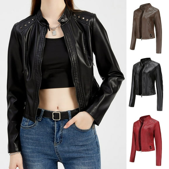 Feancey Womens Cropped Leather Bomber Jacket Fall Fashion Windbreaker Motocycle Jackets Full Zip Lightweight Coats with Pockets Black 3XL