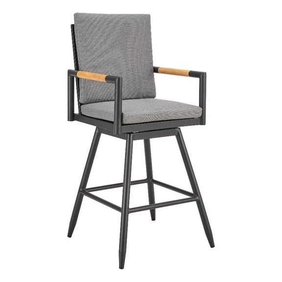 Crown Outdoor Patio Swivel Bar Stool in Black Aluminum with Wood Accent and Dark Gray Cushions