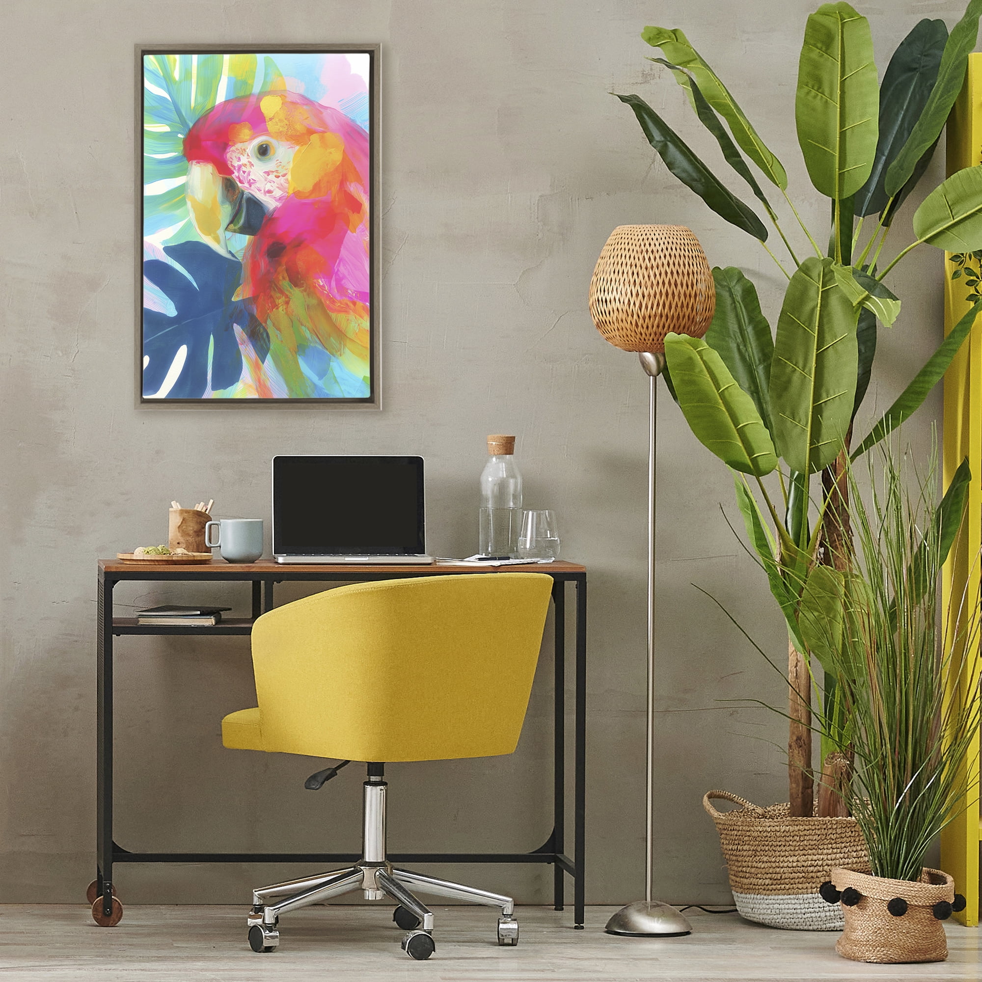 Stupell Industries Scarlet Macaw in Paradise Brown Framed Floater Canvas Wall Art, design by Chromatic Storm Studio