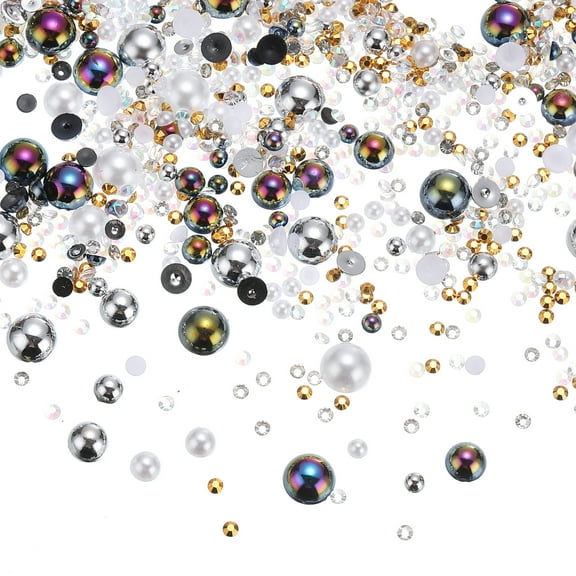 Uxcell 60g Flatback Pearls and Rhinestones 3mm-10mm for Art Crafts, Silver White Black