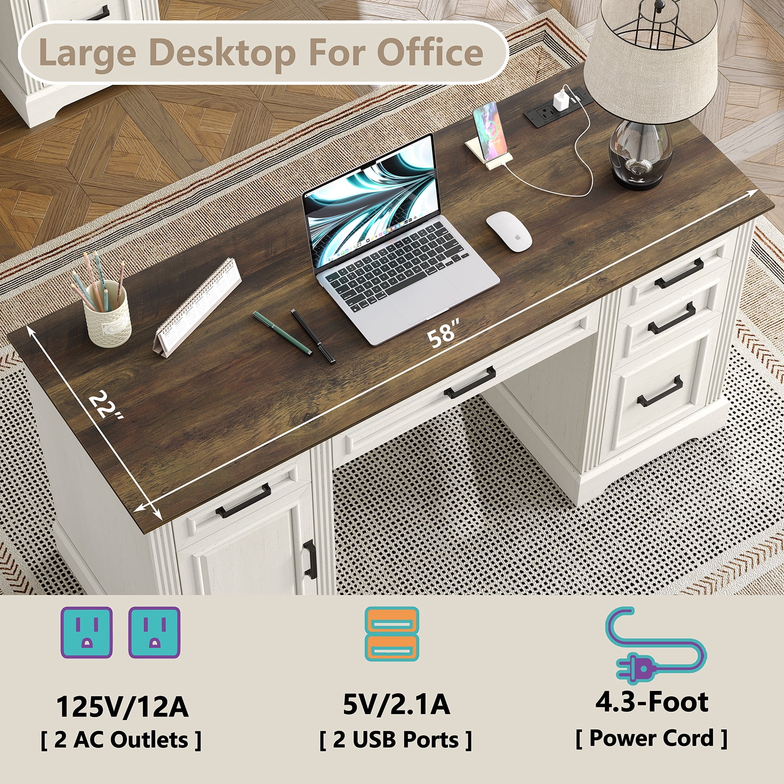 Furnihold 58"W Executive Desk with Outlet and 5 Drawers, Farmhouse Computer Desk, Off White Wooden Home Office Desk, Workspace for Work Study Writing, Brown Tabletop