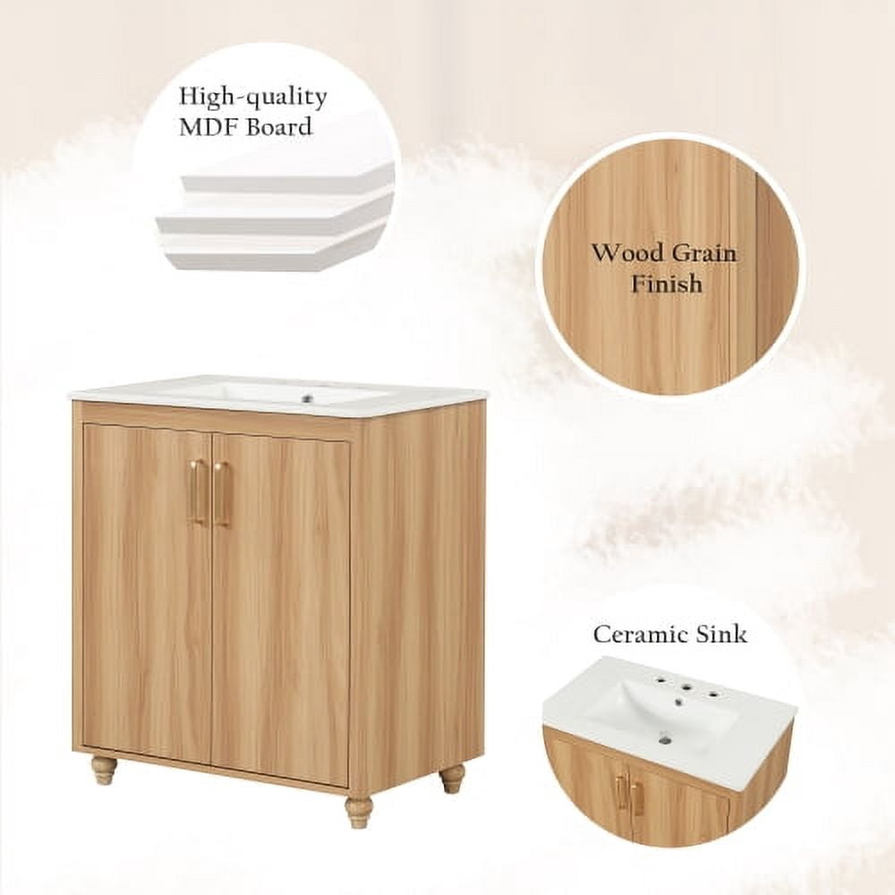 30" Bathroom Vanity with Sink Combo, Multi-functional Bathroom Cabinet with Doors and Drawer,  MDF Board, Natural(Old SKU:WF319484AAG)