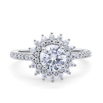 Halo Starburst Flower Wedding Ring Simulated Cubic Zirconia 925 Sterling Silver Size 5