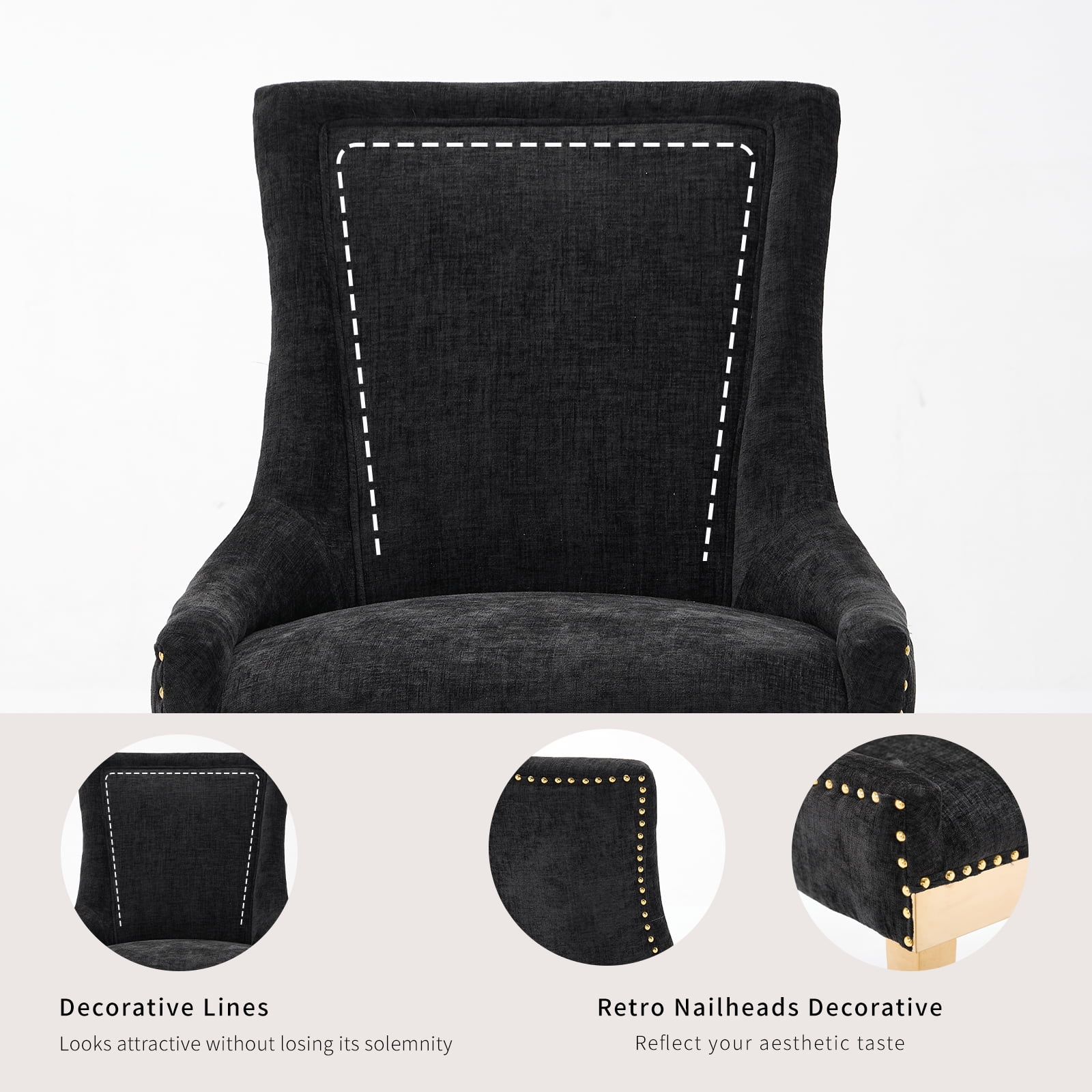 Dining Chairs Set of 2, Kitchen & Dining Room Chairs, Chenille Fabric Upholstered Dinning Chairs, Sillas De Comedor, Nailhead Trim, Metal Legs (Black, 2 Pcs)