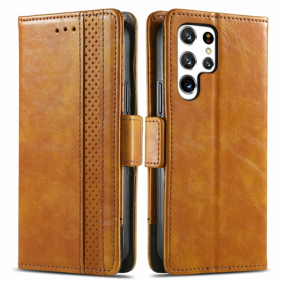 Allytech Galaxy S22 Ultra Wallet Case, Premium PU Leather Folio Flip Cover Folding Stand Shockproof Full Body Protection Magnetic Clasp Cards Holder Case for Samsung Galaxy S22 Ultra 6.8" - Lightbrown