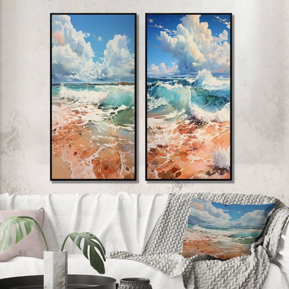 Designart "Simplicity Beach Landscape II" Coastal Beach Framed Wall Art Set Of 2 - Teal Beach Framed Wall Art Set Of 2