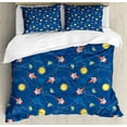 thumbnail image 1 of Space Duvet Cover Set Queen Size, Cute Little Cartoon Rocket with Circular Flight Path and UFOs Sun Polka Dots Skyline, Decorative 3 Piece Bedding Set with 2 Pillow Shams, Multicolor, by Ambesonne, 1 of 3