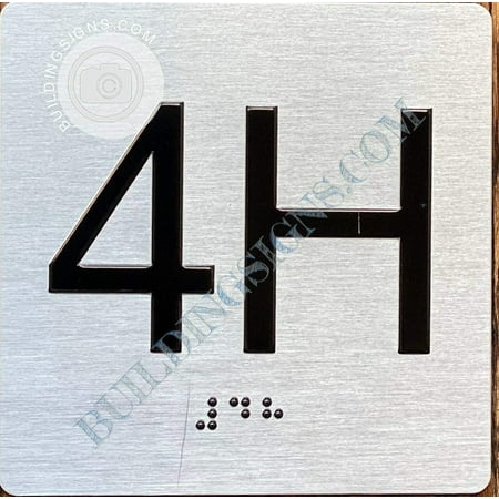 

Apartment Number 4H Sign with Braille and Raised Number (Aluminum 4x4 Double Sided Tape Silver)-The Sensation line (ref-2201)