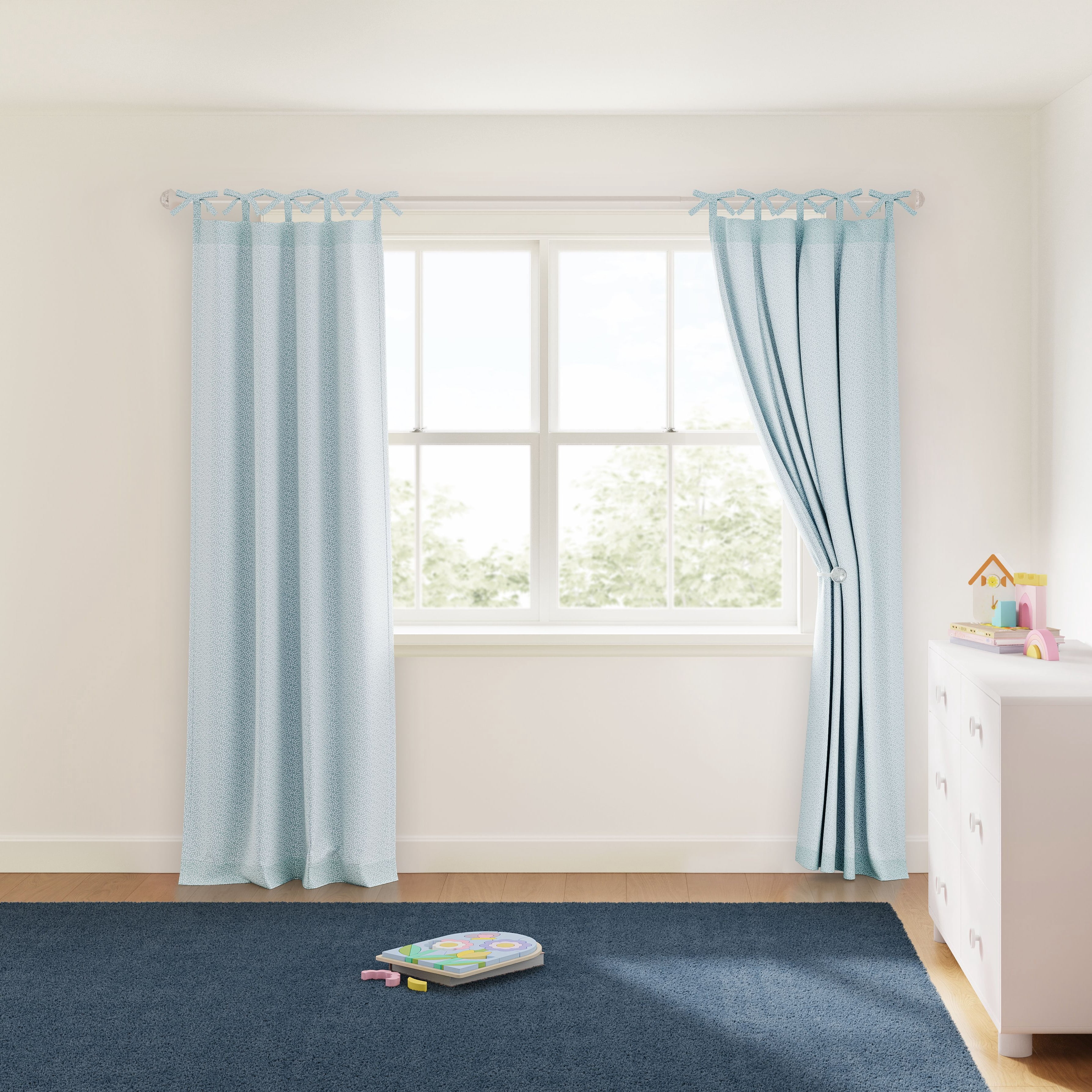 Mainstays Kids Aqua Blue Dotted Light Filtering Tie Top Single Curtain Panel, 38 in W x 95 in L