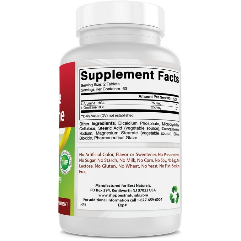 Best Naturals L-Arginine L-Ornithine - 1000 mg per Serving - 120 Tablets