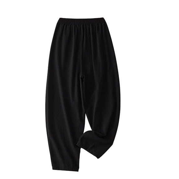 LEKODE Petite Linen Pants for Women Ankle Length Straight Leg Cropped Pants Elastic Waist Summer Casual Pants Black L