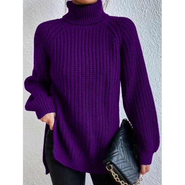Suéter de otoño e invierno con mangas raglán largas y solapa alta, vestido tipo suéter dividido para mujer