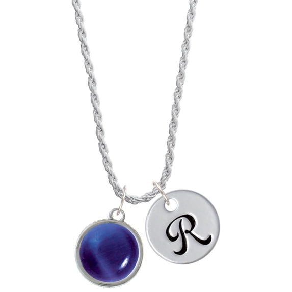 Delight Jewelry Silvertone Round - Imitation Cat's Eye - Blue - Silvertone Script Initial Disc - R - Charm Necklace, 20"+3"
