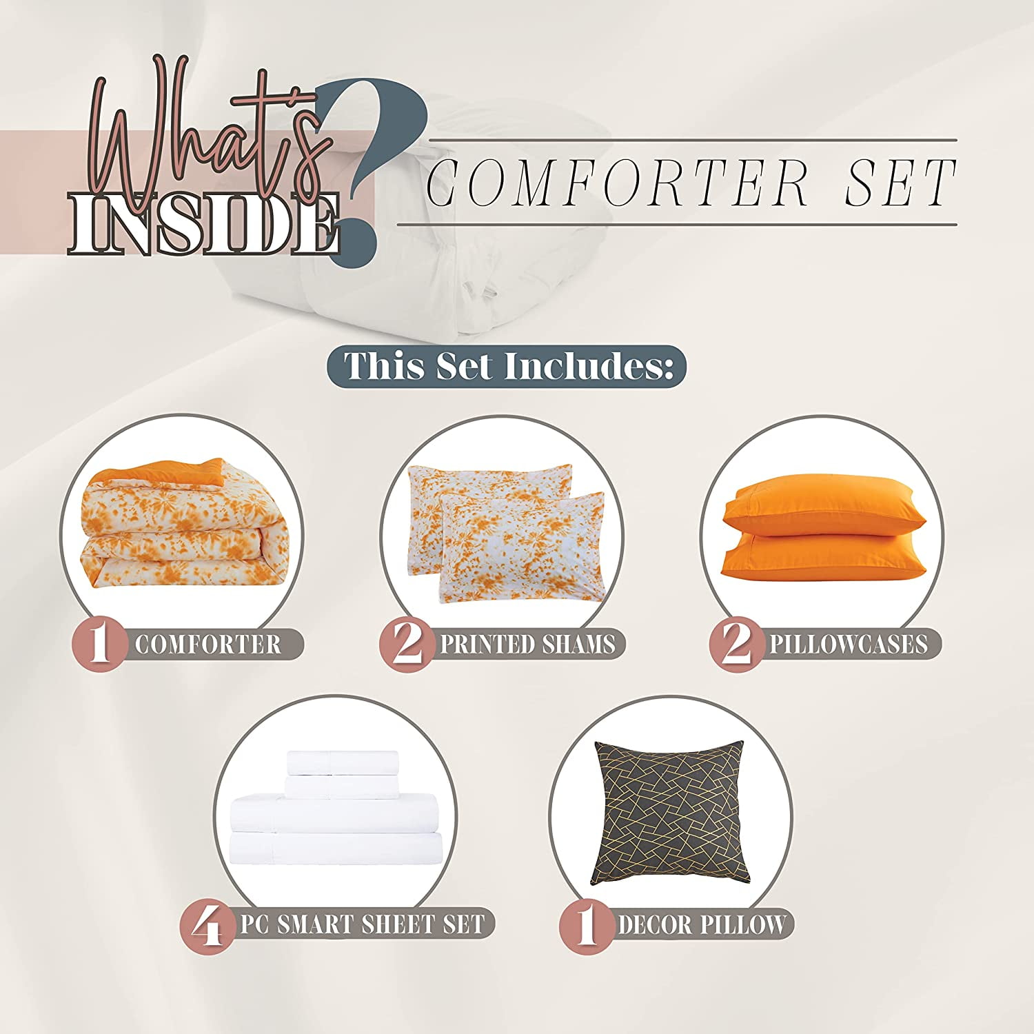 Elegant Comfort Reversible 10-Piece Comforter Set, Tie-Dye Print, Decorative Pillow and Fitted Sheet with Smart Pockets, Soft, Plush, Lightweight Material, 10pc Tie-Dye Set, Twin, Orange
