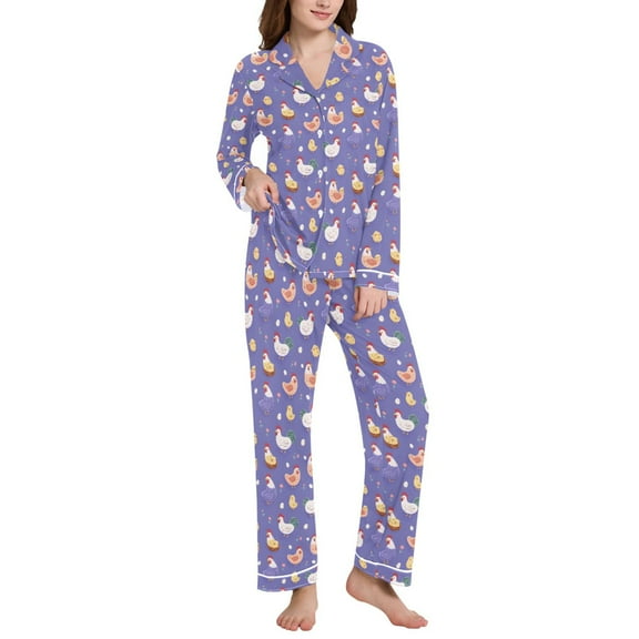 joogoo Pajamas Set for Women Cartoon Chickens Purple Long Sleeve Pjs Loungewear L