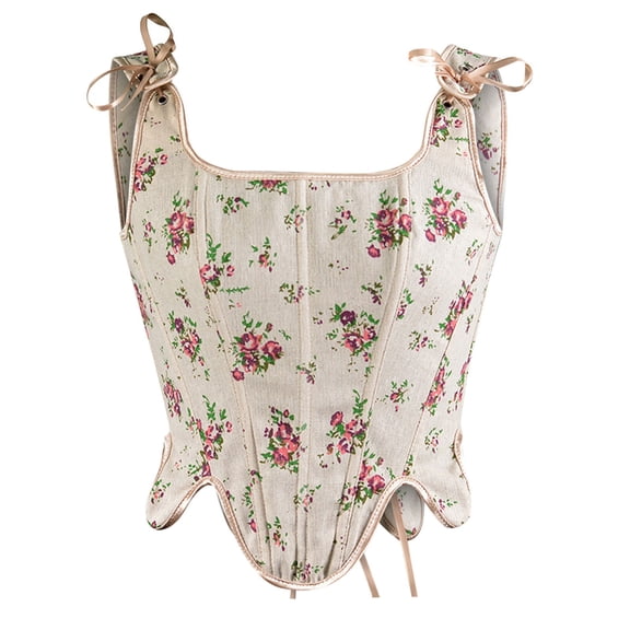 Odeerbi Corset Top for Women Shapewear Bodyshaper Tummy Control Waist Trainer Casual Erogenous Eyelet Lace-up Floral Print Fishbone Court Vintage Straps Pink