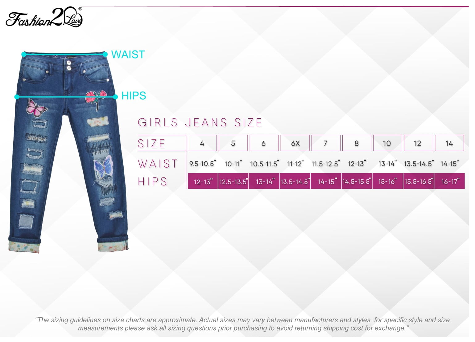 girls jeans size chart