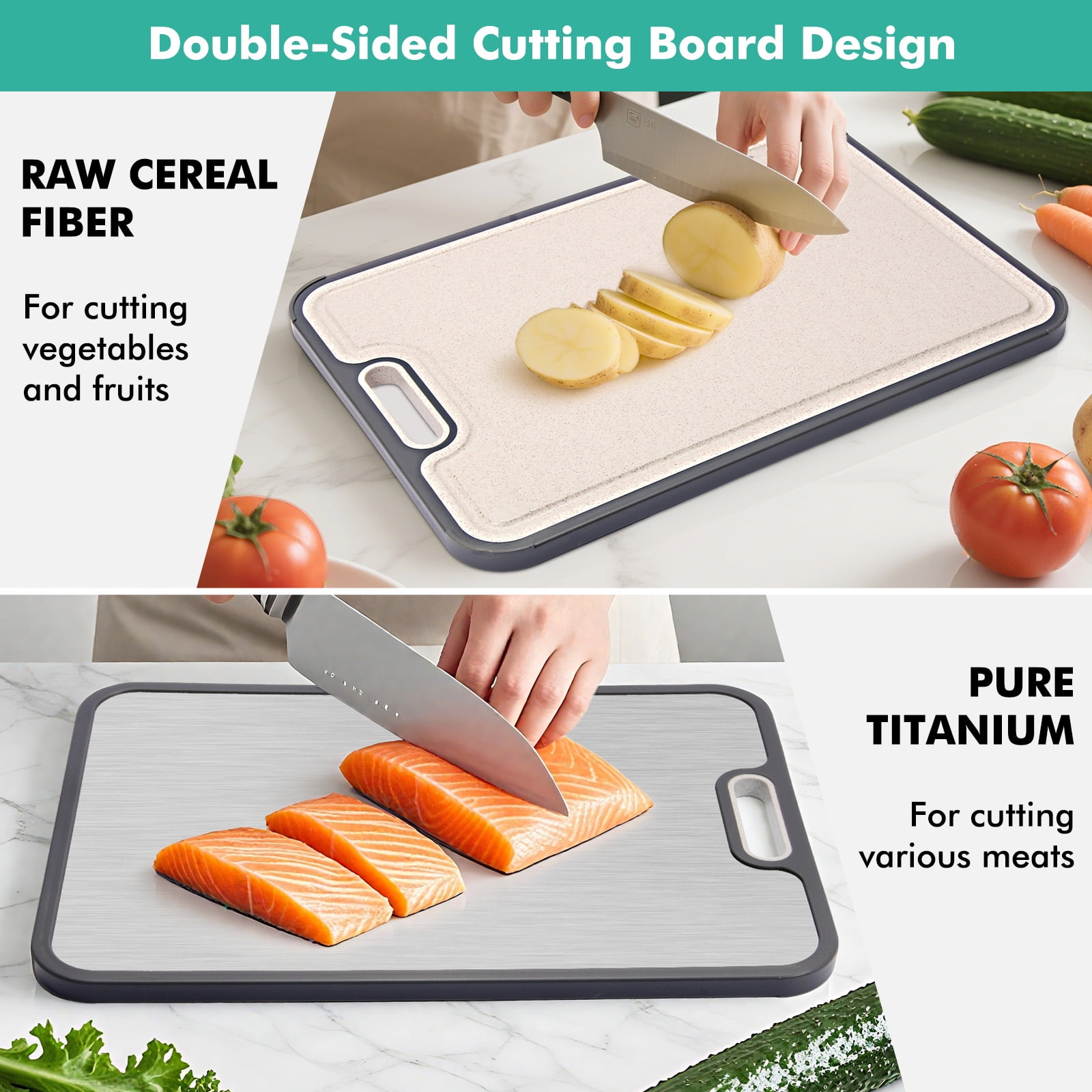 COPOOLIFE 16" x 11" Double-Sided Titanium and Wheat Straw Cutting Board with Juice Groove, Gray