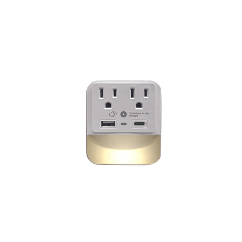 CIAO-TECH 2 prises secteur +1 ports de sortie USB-A + 1 port de sortie USB-C avec lumière de détection LED du crépuscule à l’aube et protection contre les surtensions - Blanc Chargeur multiport 2AC+1USBA+1USBC