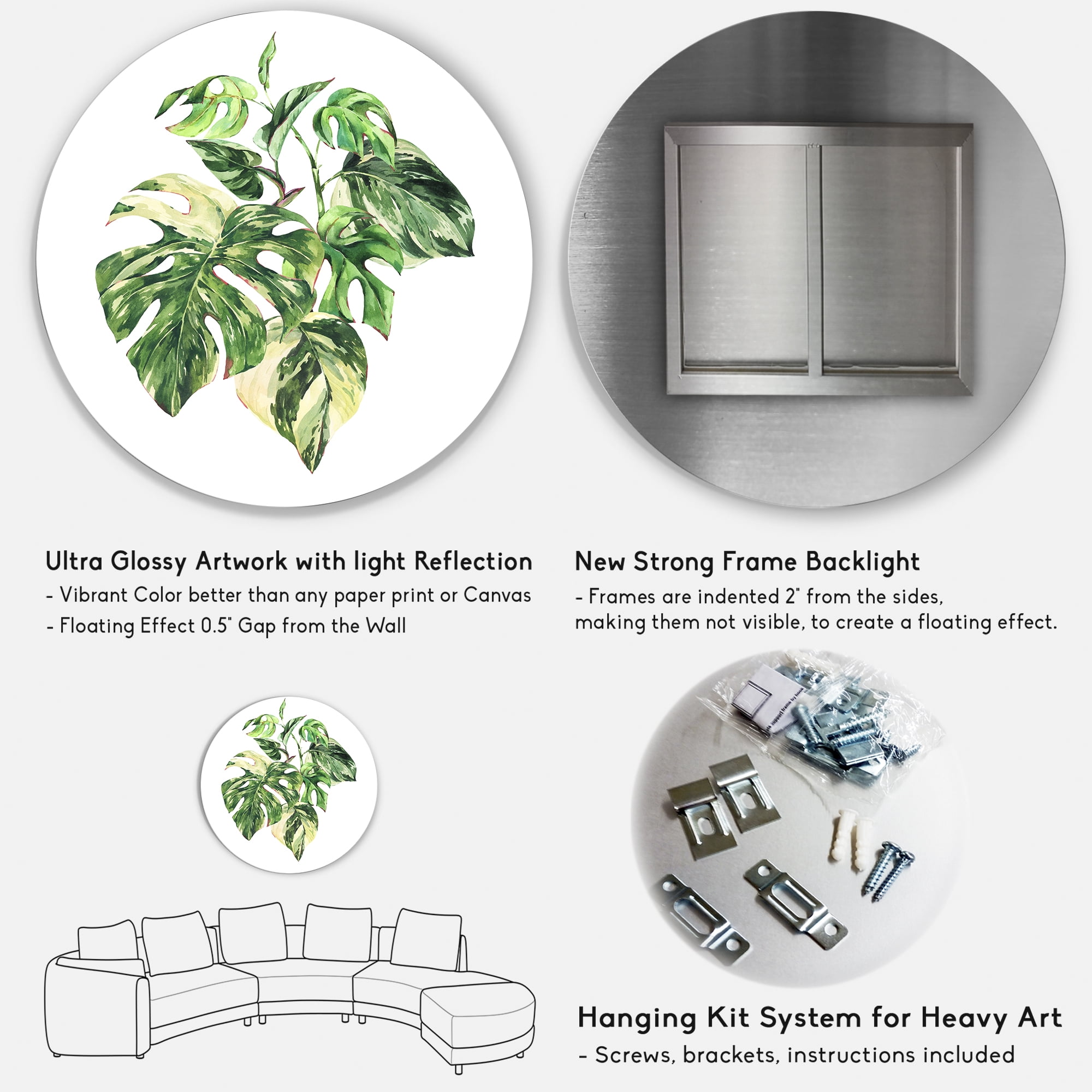 Designart 'Tropical Green Leaves On White In Summer Times I' Tropical Circle Metal Wall Art 11x11 - Disc of 11