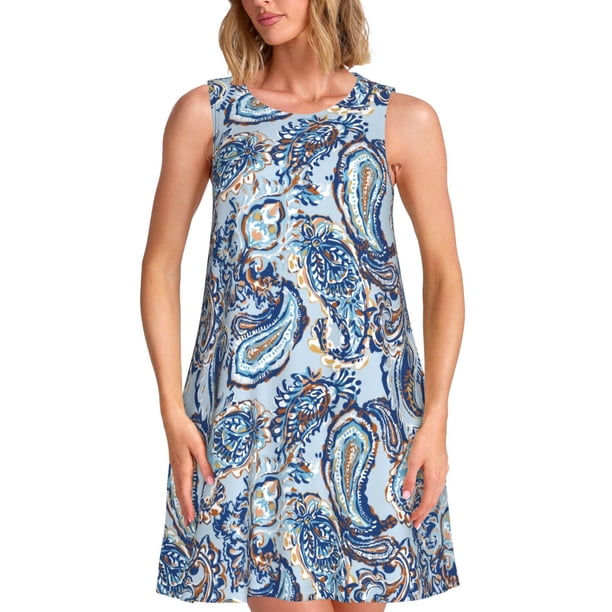 Fotbe Paisley Floral Branches Vestido de Verano sin Mangas para Mujer – Vestido Midi Línea A, Estilo Camiseta Floral, Vestido Playero Casual y Fluido