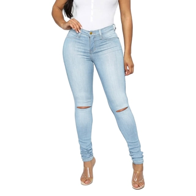 Bigersell Woman Jeans Plus Size Jeans Summer Stretchy Jeans Ladies Slim Straight Denim Pants Button Closure Light Wash Ripped Tall Jeans Female Loose Mid Waist Long Pants Style J-240 Blue M