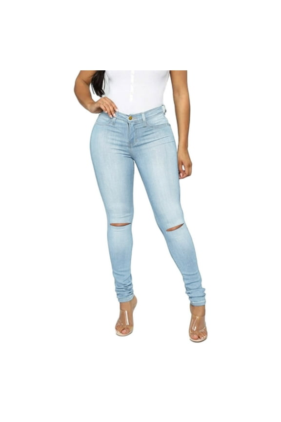 Womens High Waist Ripped Stretch Jeans Button Zipper Pocket Skinny Denim Stylish All-match Bermuda Hole Jeans Trouser