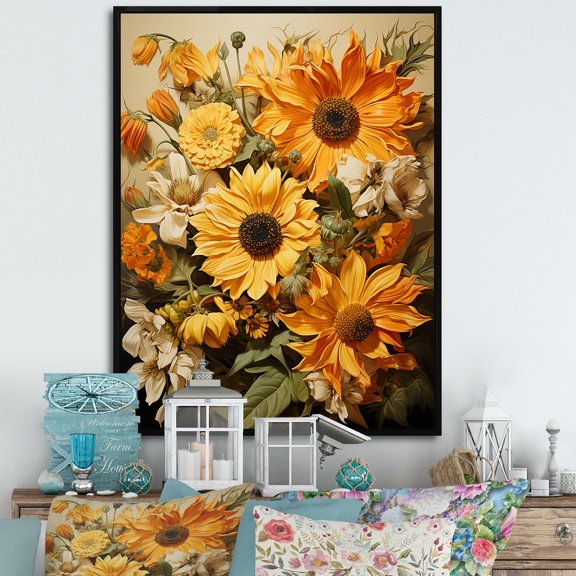 Designart "Vintage Sunflowers Basking In Sunshine I" Sunflowers Floater Framed Canvas Art Print