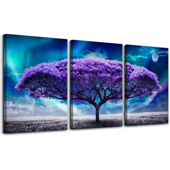 FCCUYE Black Framed Wall Art For Living Room Large Size Decor Bedroom Pictures Aurora Purple Tree Scenery Painting Office Modern Home Decorations Set Of 3 Piece Prints