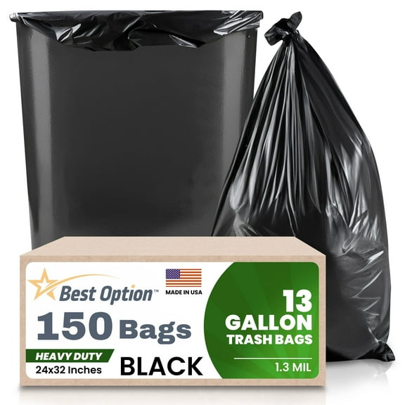 Best Option 13 Gallon Black Trash Bags, 150 Count Box, (24x32-inch) Commercial Heavy-Duty Garbage Can Liners