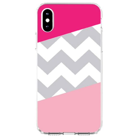DistinctInk Clear Shockproof Hybrid Case for iPhone XR (6.1" Screen) - TPU Bumper, Acrylic Back, Tempered Glass Screen Protector - Hot Pink Block Grey Chevron - Chevron Stripes Pattern
