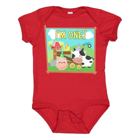 

Inktastic I m One! Farm Animals Wearing Birthday Party Hats Gift Baby Boy or Baby Girl Bodysuit