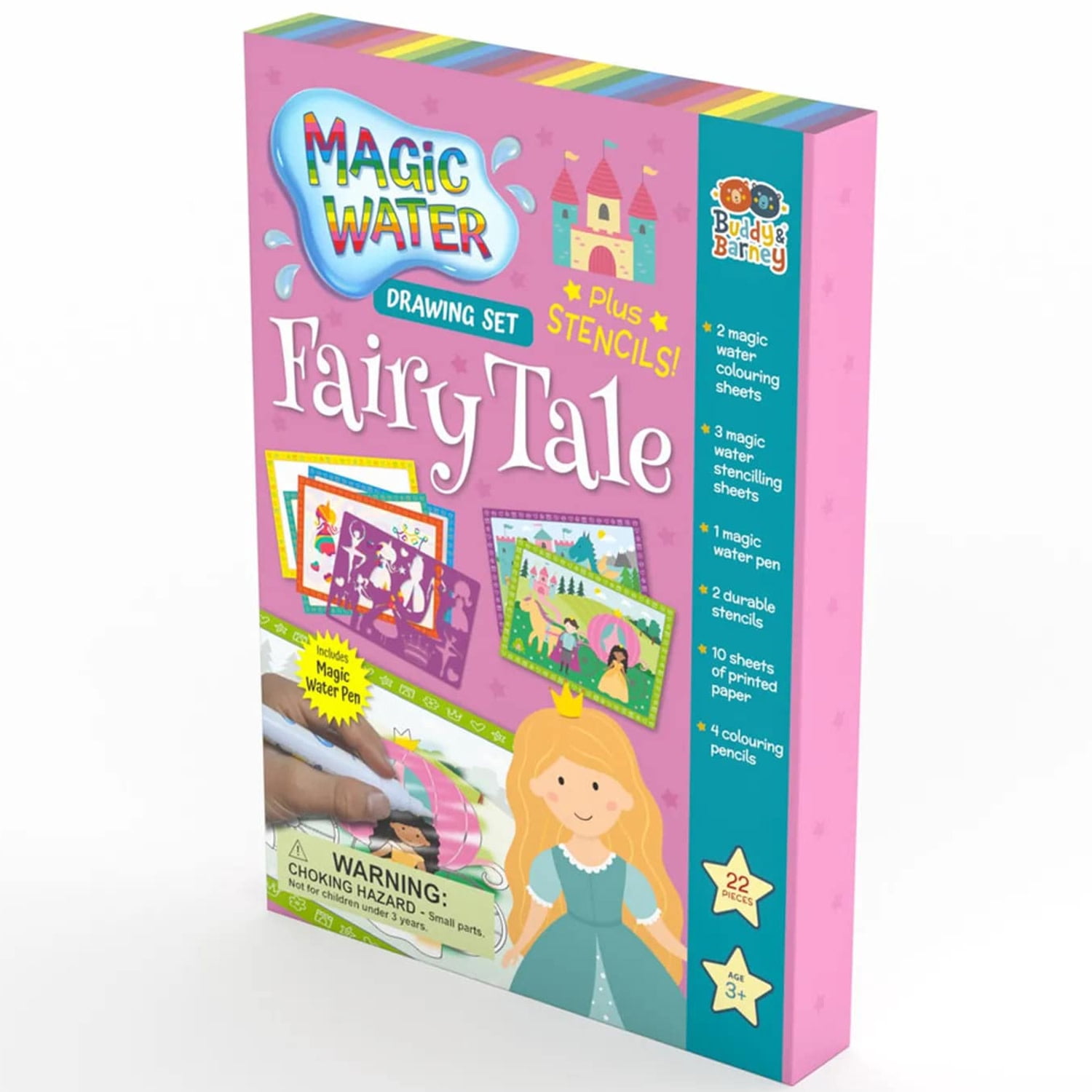 Buddy & Barney: Magic Water Drawing Set - Fairy Tale - Stencils-Magic Pen-Colored Pencils, Art Paper Sheets, Princess-Fantasy Themed Activity, Kids 3+