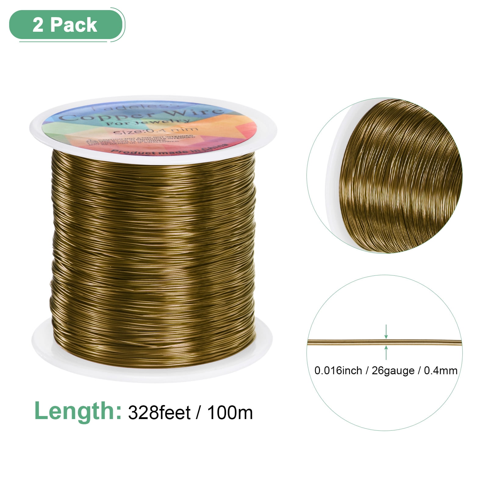 Uxcell 2 Rolls 0.4mm Jewelry Wire 26 Gauge 328FT Copper Beading Wire Jewelry Making Planting Weaving DIY 100M Bronze Tone