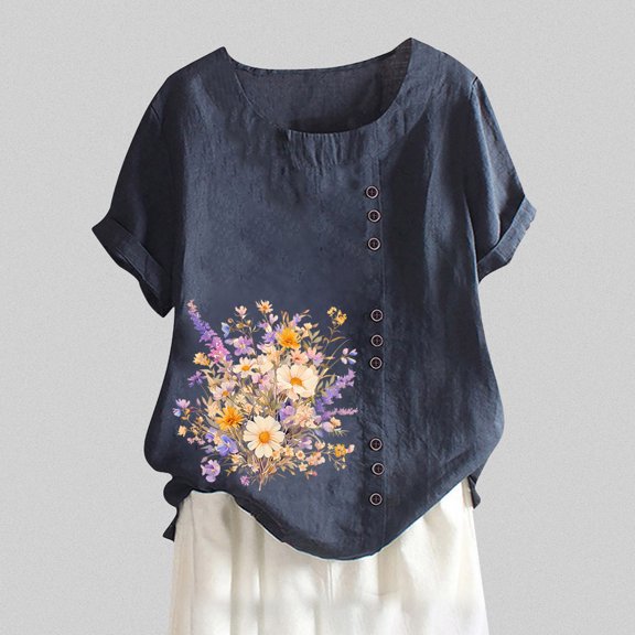 TYGHBN Women's Summer Comfort Linen Round Neck Short Sleeve with Button Flower Print T Shirt Top Long Sleeve T Shirt Women Womens Solid Tee Shirts Athletic Wear Women Spandex Shirt Women Large Woman
