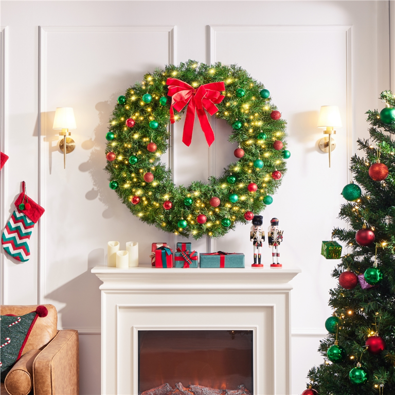 　Decorated Christmas Wreath Yaheetech 48in Pre-lit Fir Christmas Wreath with 200 LED Lights