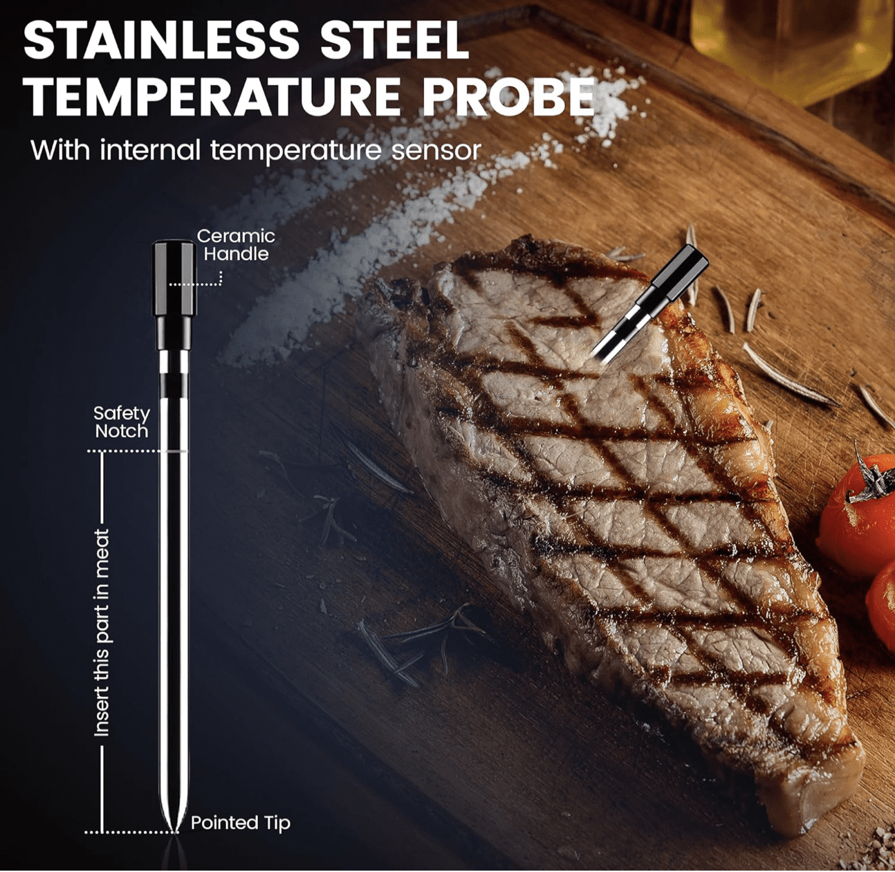 Wireless Meat Thermometer - 2024 Model with Display - 500ft Radio Frequency - App + Display Controlled - Long Lasting Battery -  IP66 Waterproof