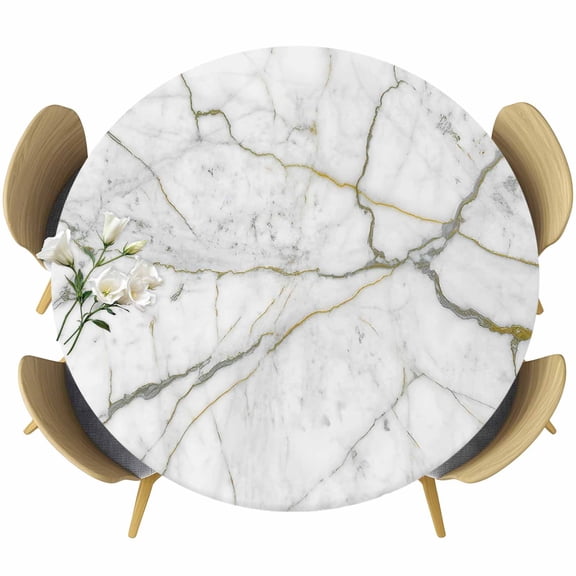 Round Table Cover 36-44 Inch White Marble Waterproof Reusable Table Cloth Round Fitted Vinyl Tablecloth with Elastic Edged for Parties Outdoors, Modern Abstract Art Ink Painting
