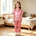 thumbnail image 2 of SJLDQY Satin Pajamas for Girls Button Down Short Sleeve Shirts Ruffle Pants 2 Piece Silk Pjs Sets Summer Sleepwear Breathable Soft Loungewear Sets, 2 of 8