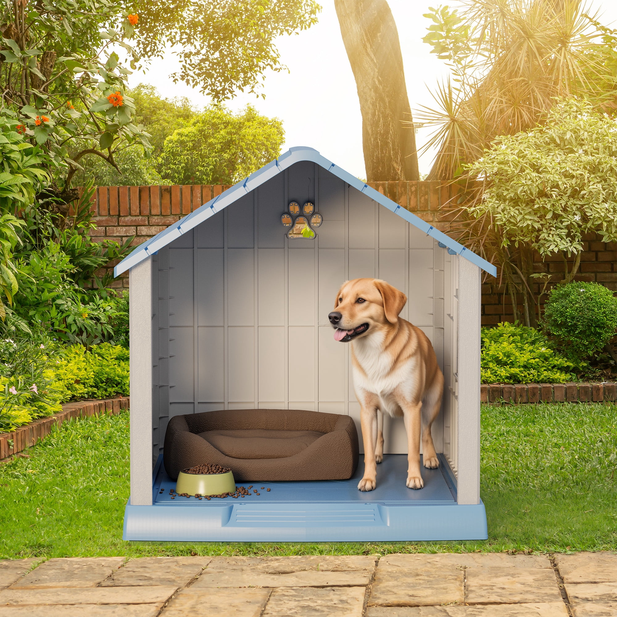Bifanuo Durable Dog House, Indoor Outdoor Wateproof Doghouse, Pet Plastic Dog House for Small Medium Dogs,Grey and Blue ,31" L x 33.3" W x 33.5" H