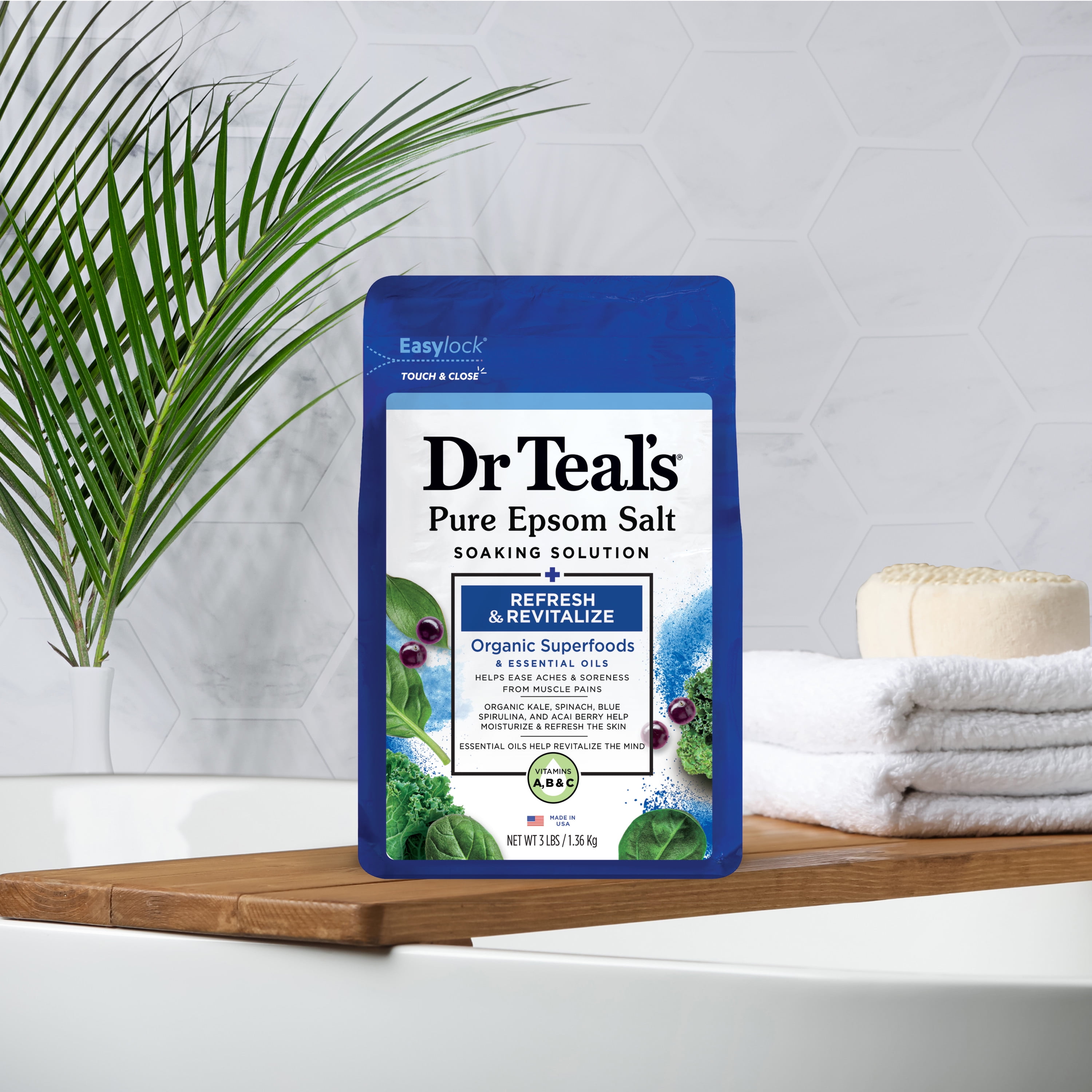 Dr Teal's Epsom Salt Magnesium Soak,  Refresh & Revitalize with Superfoods, 3 lbs