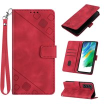 Tarise Phone Case for Samsung Galaxy S21 FE 5G, Premium PU Leather Card Holder Wrist Strap Magnetic Closure Flip Stand Function TPU Interior Book Cover for Samsung S21 FE 5G Wallet Case, Red