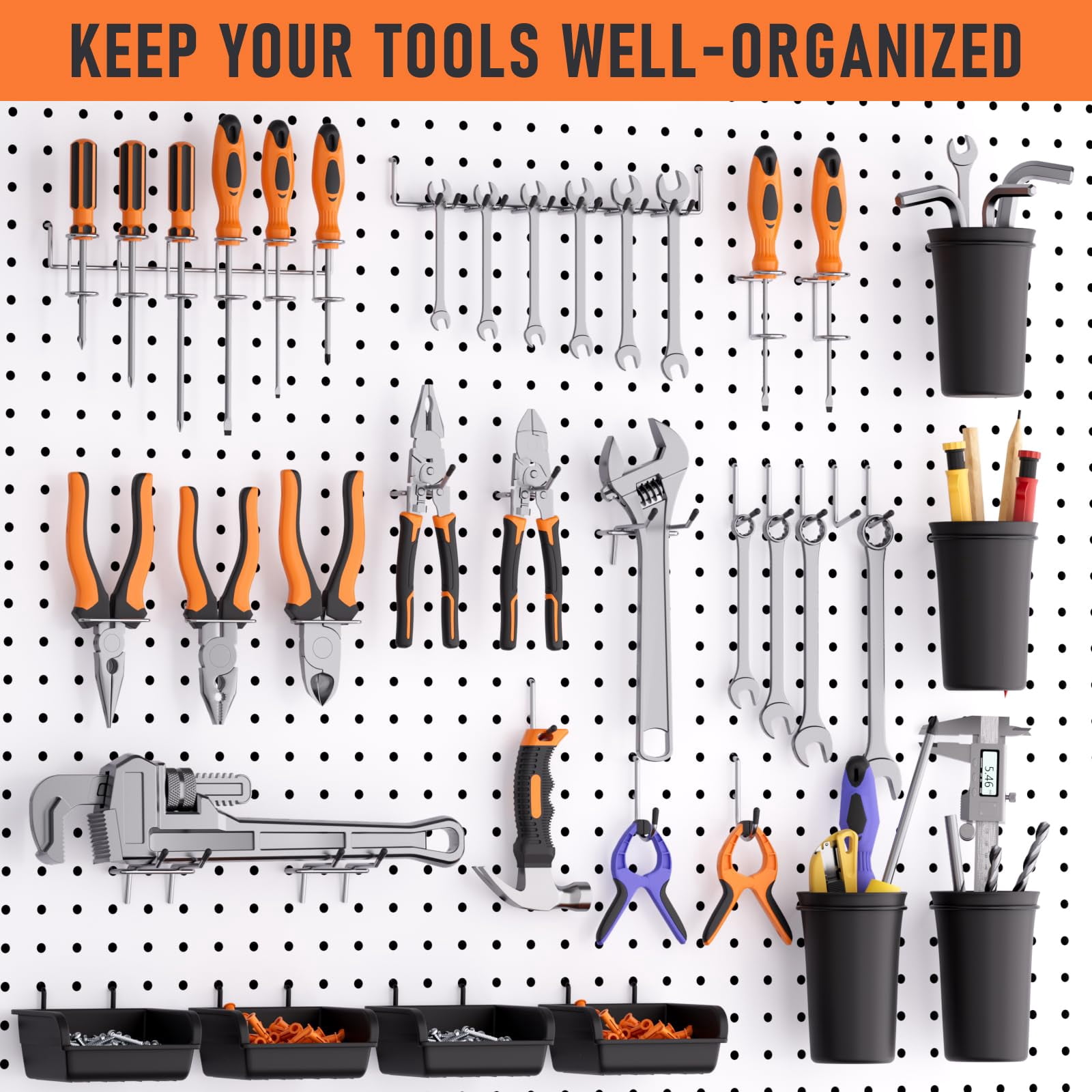 280pcs Upgraded Pegboard Accessories Organizer Kit  Peg Board Hooks Assortment With Bins & Cups For Organizing Tools Fit 1/8 Or 1/4 Inch Garage Workshop Wall Hanging