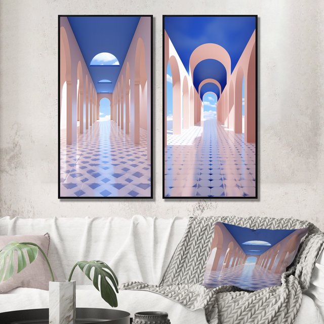Designart "Architecture Futuriste Géométrie Infinie VIII" Art Mural Géométrique Moderne Encadré Ensemble de 2 - Art Mural Encadré Bleu Moderne Ensemble de 2