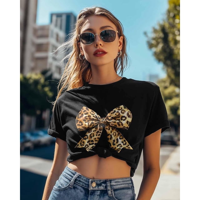 Camisetas para mujer, camiseta con lazo de leopardo, camiseta holgada de manga corta, camisetas informales de cuello redondo para mujer, camisetas para adolescentes