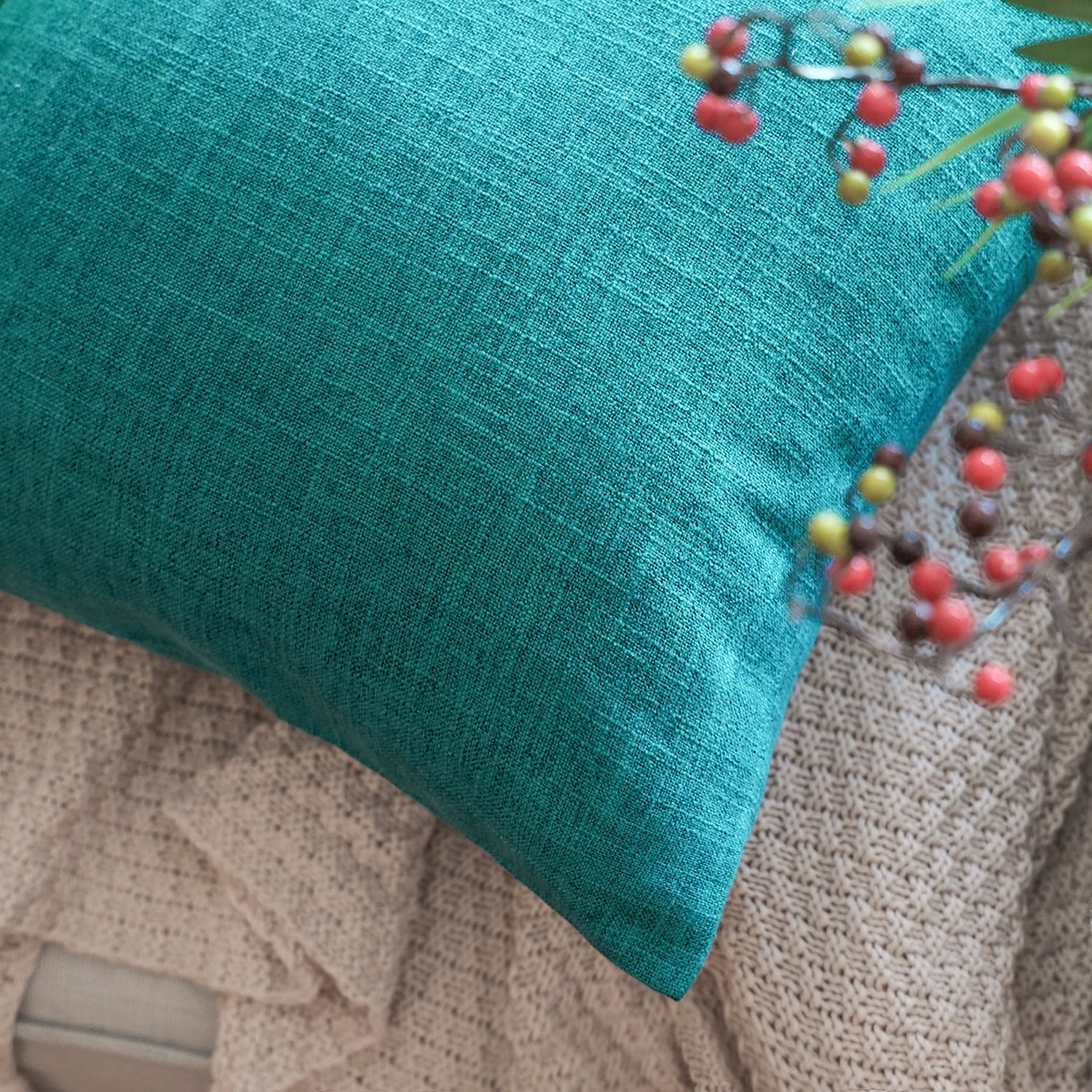 Phantoscope Linen-Look Decorative Throw Pillows with Inserts, 18 x 18 in, Lake Blue, 2 Pack