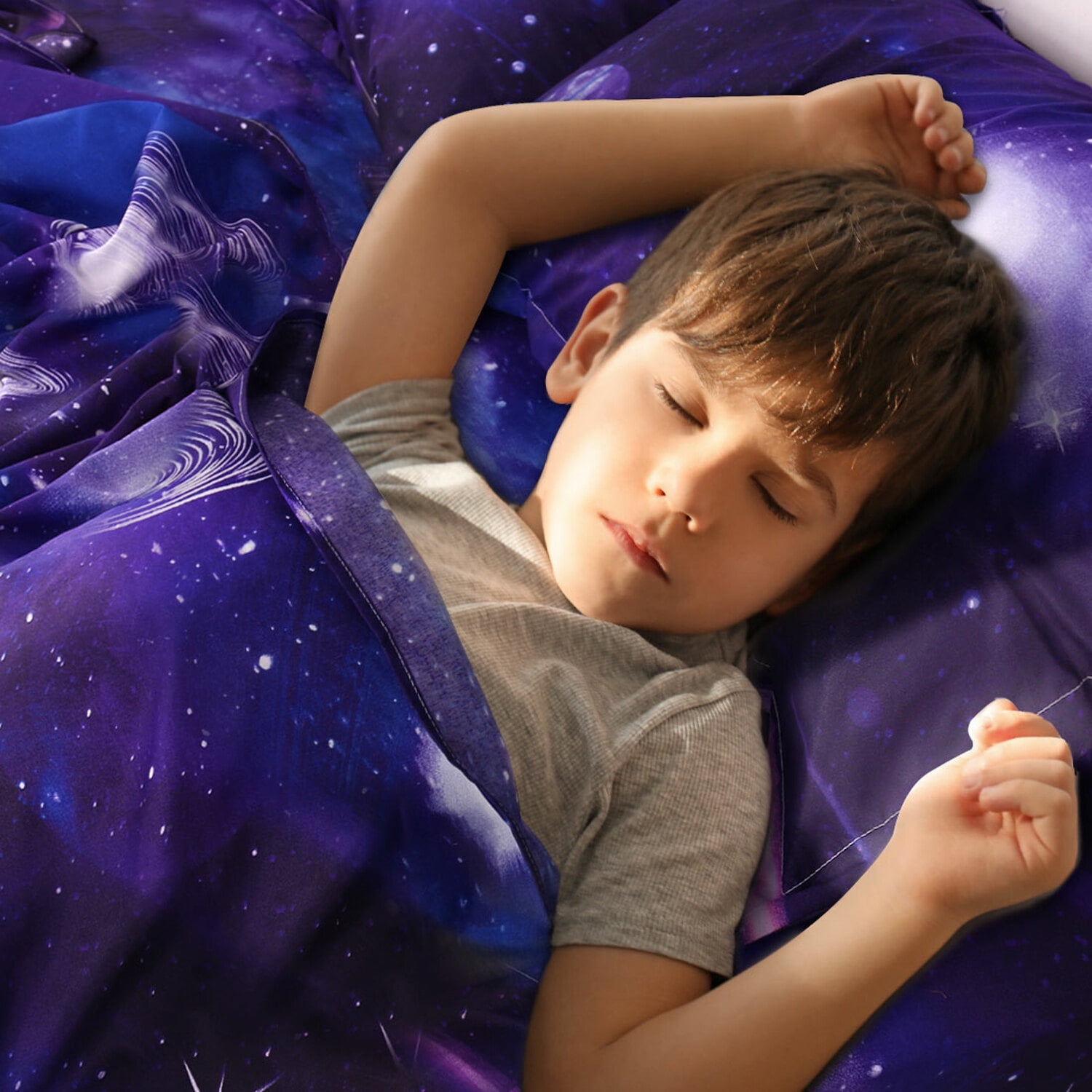 Unique Bargains Galaxy Print Bed Sheets Pillow Cases Bedding Set, Purple, Full